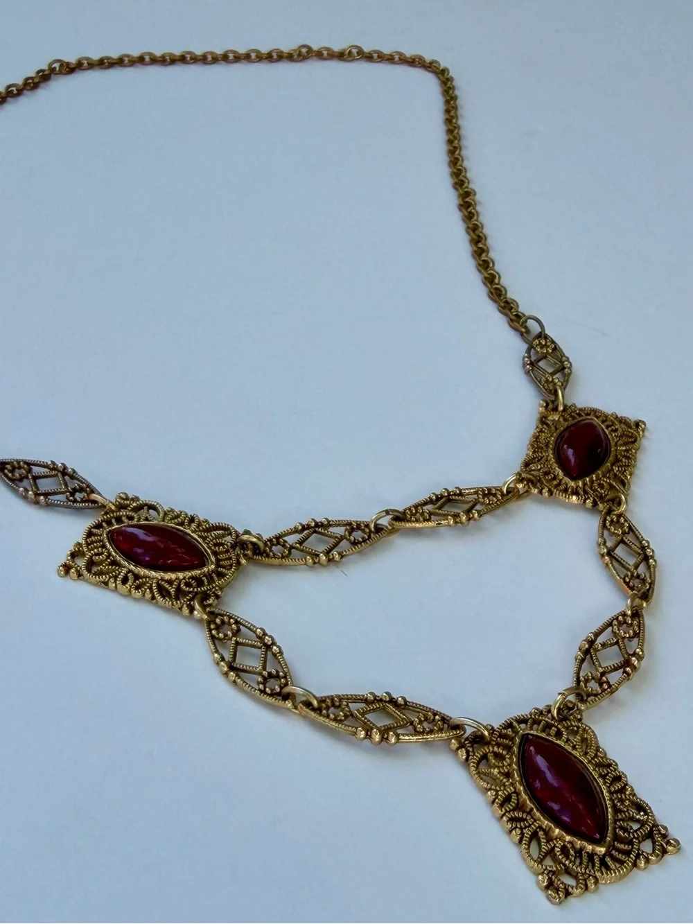Vintage TOFFANO 1970s Red Cabochon Filigree Festoon Necklace